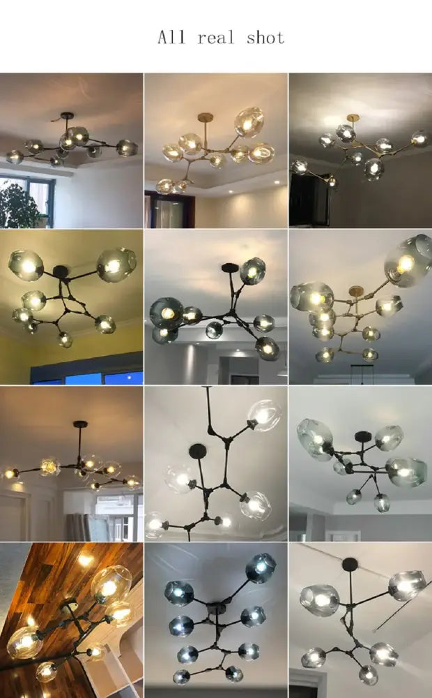 DecorBites™ stylish modern chandelier lighting with black metal frame and clear glass globe bulbs for dining and living rooms