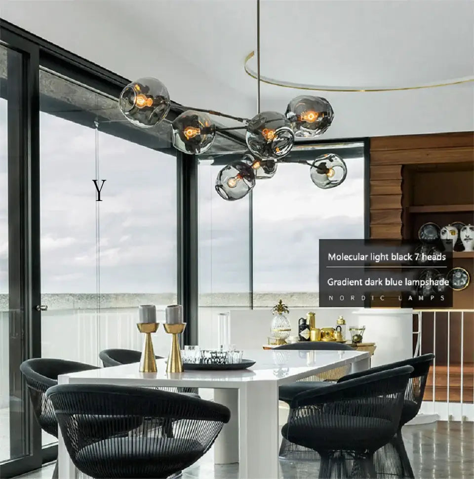 Molecular light black 7-bead chandelier with gradient dark blue lampshades for modern chandelier lighting in living rooms