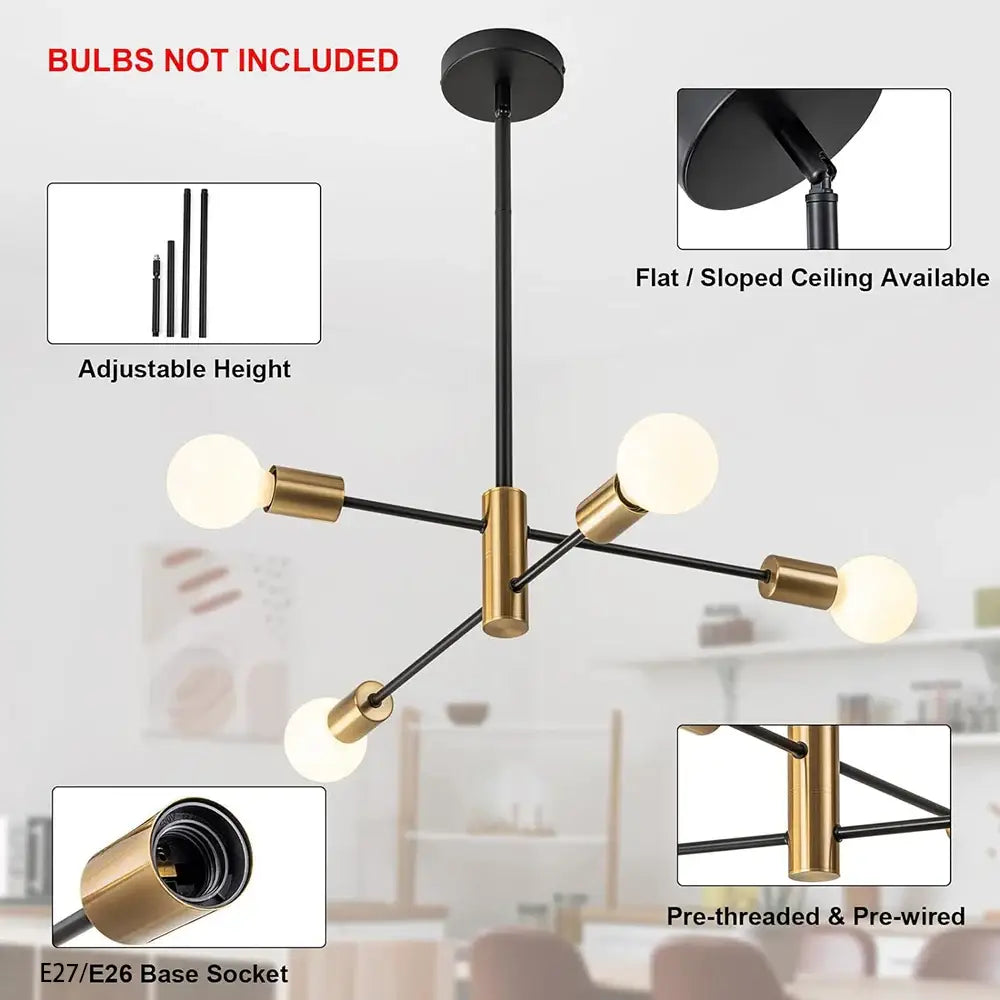 Decorbites™ stylish hanging chandelier with black and brass finish, adjustable height, five exposed bulbs for home decor in retro industrial style