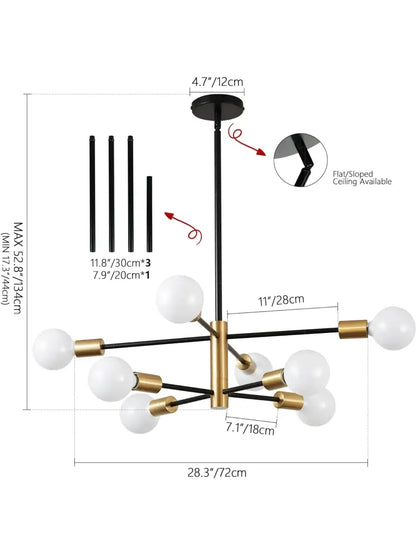 Black and gold modern DecorBites™ stylish hanging chandelier with six white globe bulbs for home decor and retro industrial style
