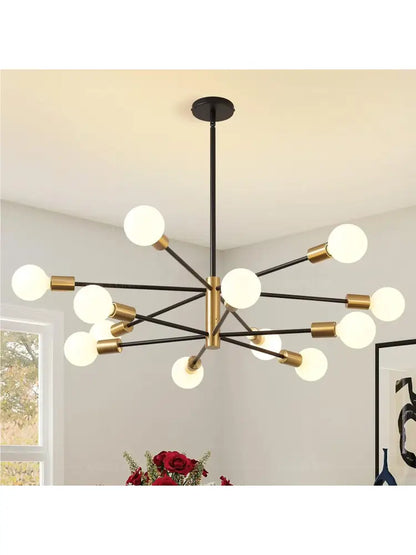 DecorBites™ stylish hanging chandelier in black and brass with spherical frosted glass bulbs for home decor and retro industrial style
