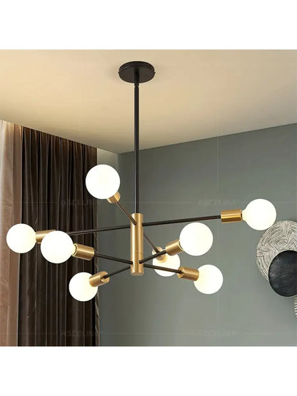 Decorbites™ stylish hanging chandelier with central brass fixture and black metal arms for retro industrial style home decor