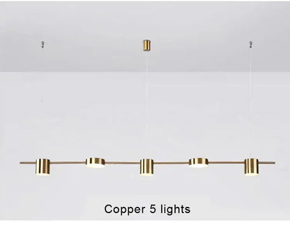 Copper-colored modern linear led chandelier with five cylindrical bulbs for stylish home decor by DecorBites™