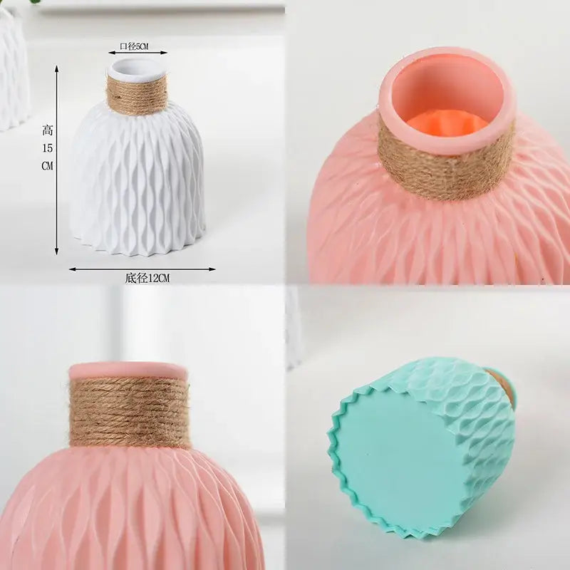 DecorBites™ stylish nordic color block vase ceramic diffuser with textured ribbed body and natural twine neck wrap