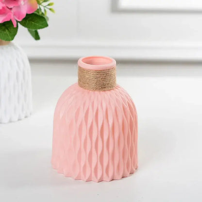 DecorBites™ stylish nordic color block vase pink ceramic with wavy texture and natural twine band modern flower vase