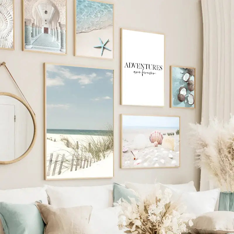 Beige wall adorned with decorbites summer beach seashell canvas wall art featuring framed beach seashell prints