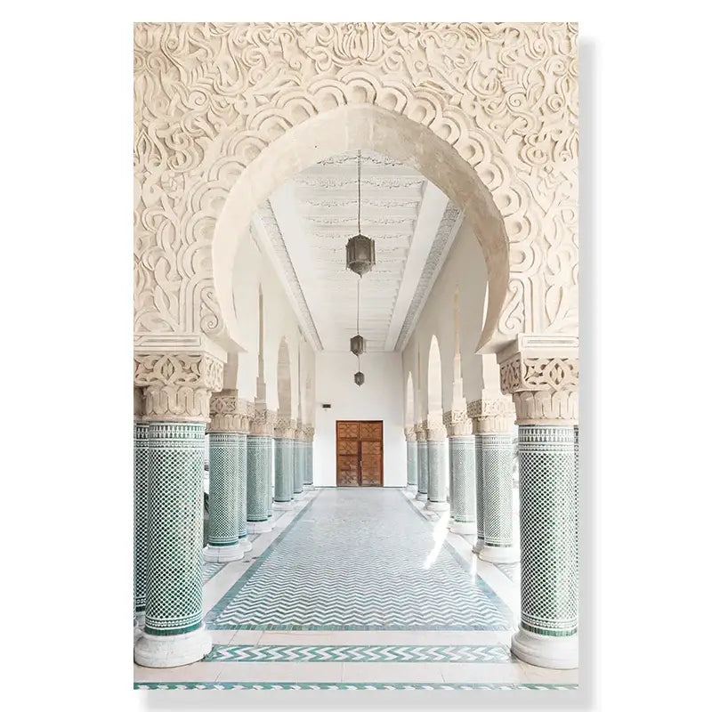 A framed decorbites™ summer beach seashell canvas wall art featuring an ornate white stone hallway with green mosaic tiles