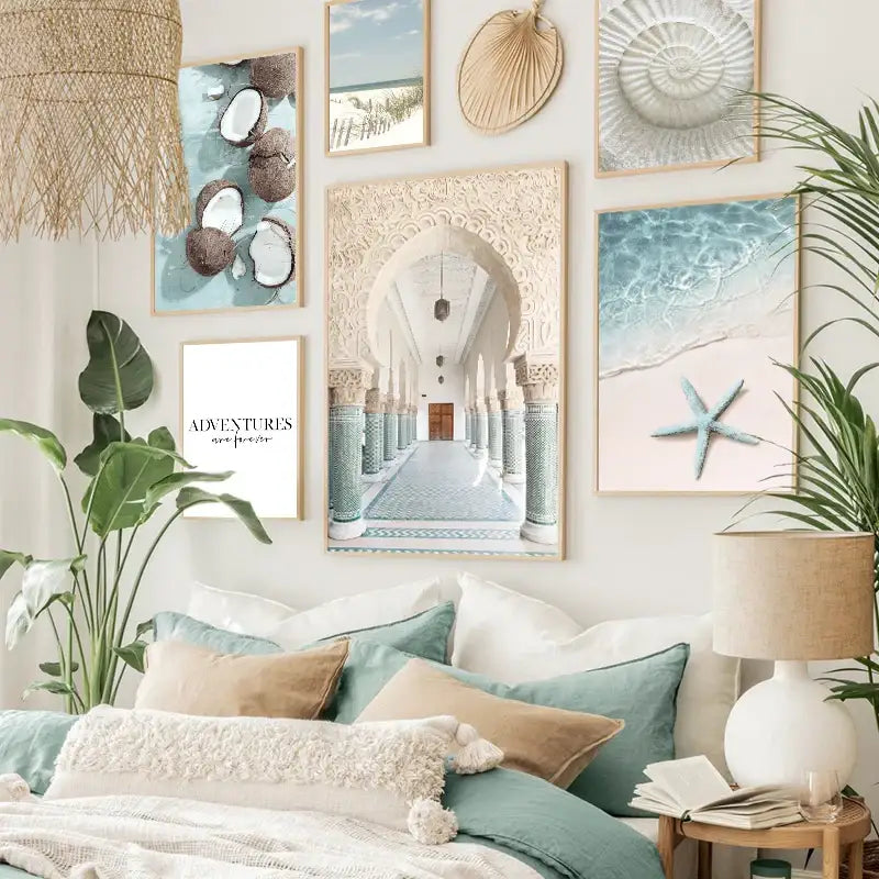 Decorbites summer beach seashell canvas wall art featuring ornate arched hallway with blue and white tilework