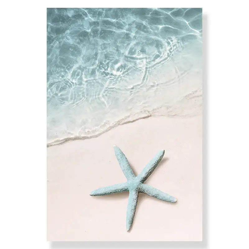 Decorbites™ summer beach seashell canvas wall art featuring a light blue starfish on pale sand by clear water