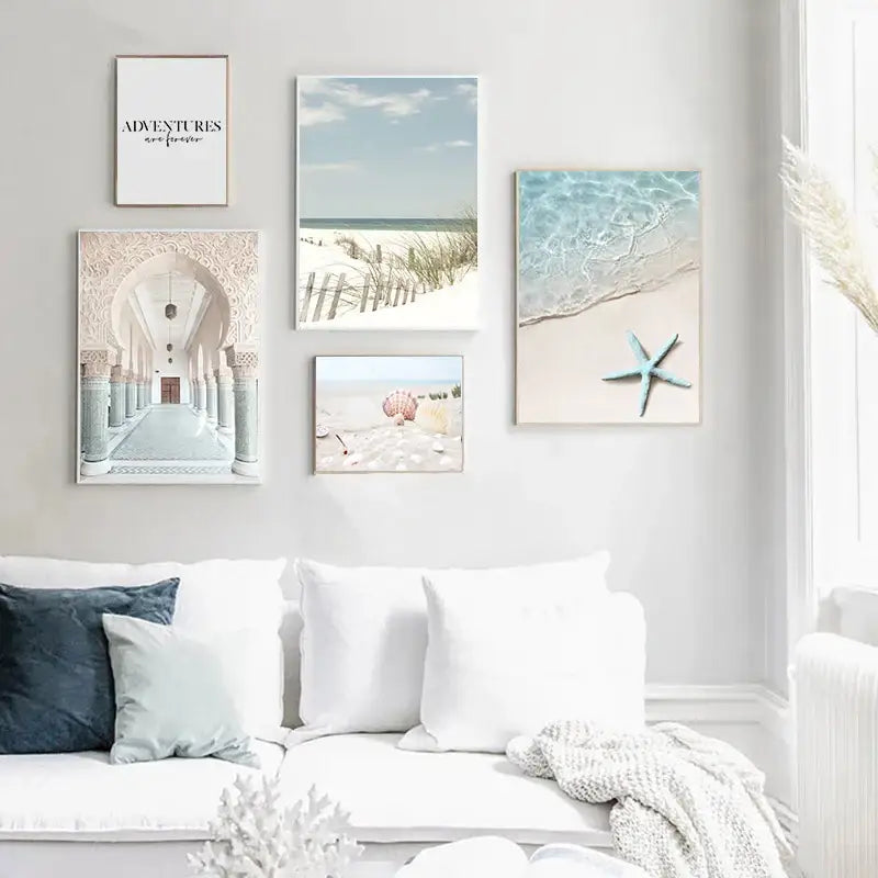 Set of five framed pastel coastal-themed canvas wall art featuring summer beach seashell scenes by decorbites™