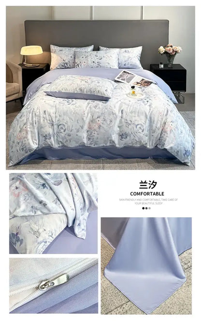 Light blue floral-patterned satin silk duvet cover set with lavender accents from decorbites™ summer collection