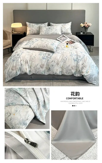 Light gray satin duvet cover set with subtle blue and white floral botanical designs from DecorBites summer collection