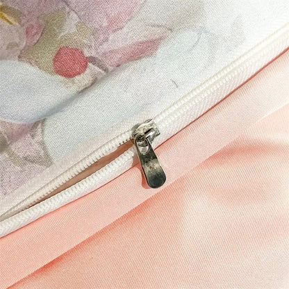 Decorbites summer floral satin silk duvet cover set with silver-toned zipper on soft pink floral fabric