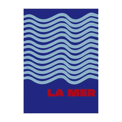 Blue beach canvas art print with wavy light blue lines and red la mer text for summer vibe posters by DecorBites