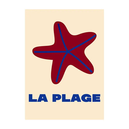 Decorbites summer vibe beach canvas art print featuring a bold red starfish with blue lines and la plage text