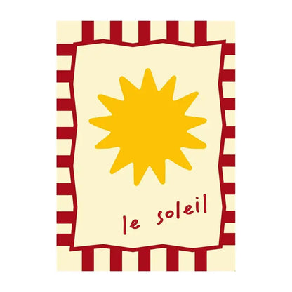 Decorbites™ summer vibe beach canvas art print featuring a cheerful yellow sun on cream card with le soleil cursive text