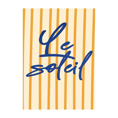 Rectangular DecorBites™ summer vibe beach canvas art print with le soleil in blue cursive on mustard-yellow and cream stripes