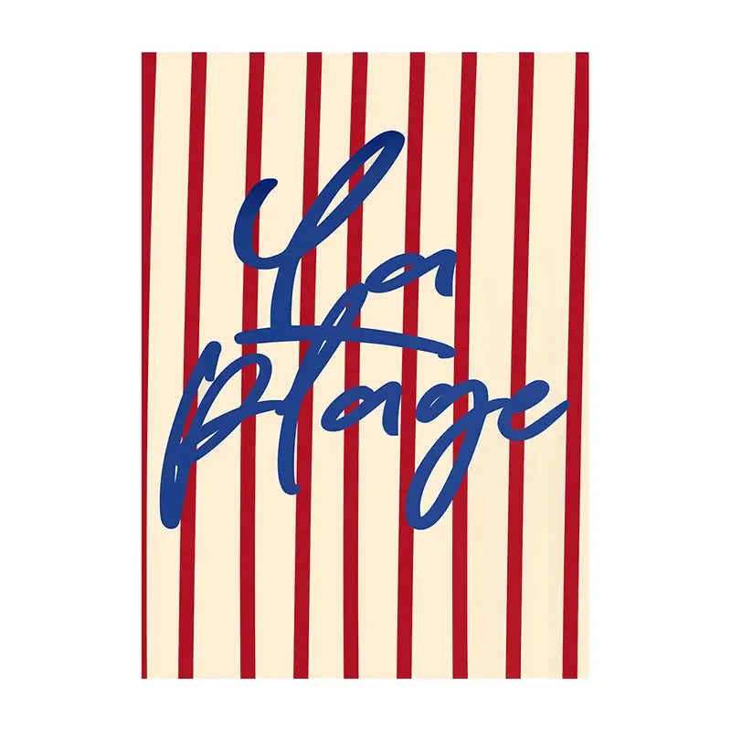 Rectangular decorbites summer vibe beach canvas art print with bold red stripes cream background and blue la plage script
