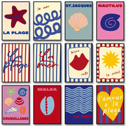 Set of twelve colorful DecorBites™ summer vibe posters with seaside-themed beach canvas art prints in pastel tones