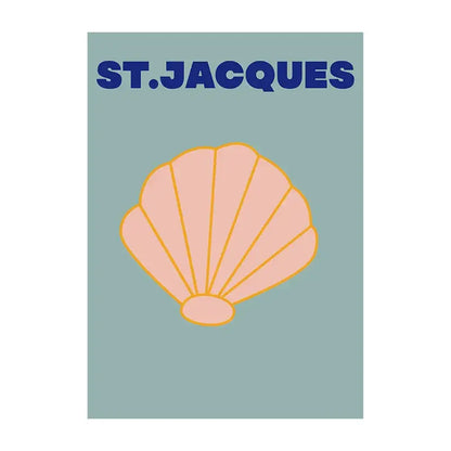 Stylized peach seashell with yellow outline on muted teal background summer vibe beach canvas art print by DecorBites