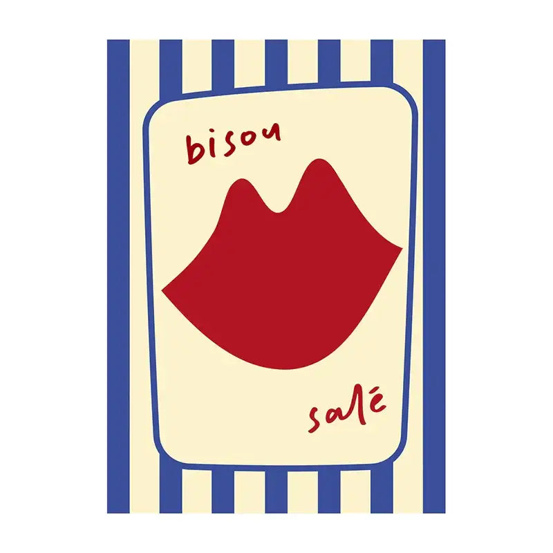 Stylized red lip print on cream card with blue stripes and bisou salé text in cursive on decorbites summer vibe beach canvas