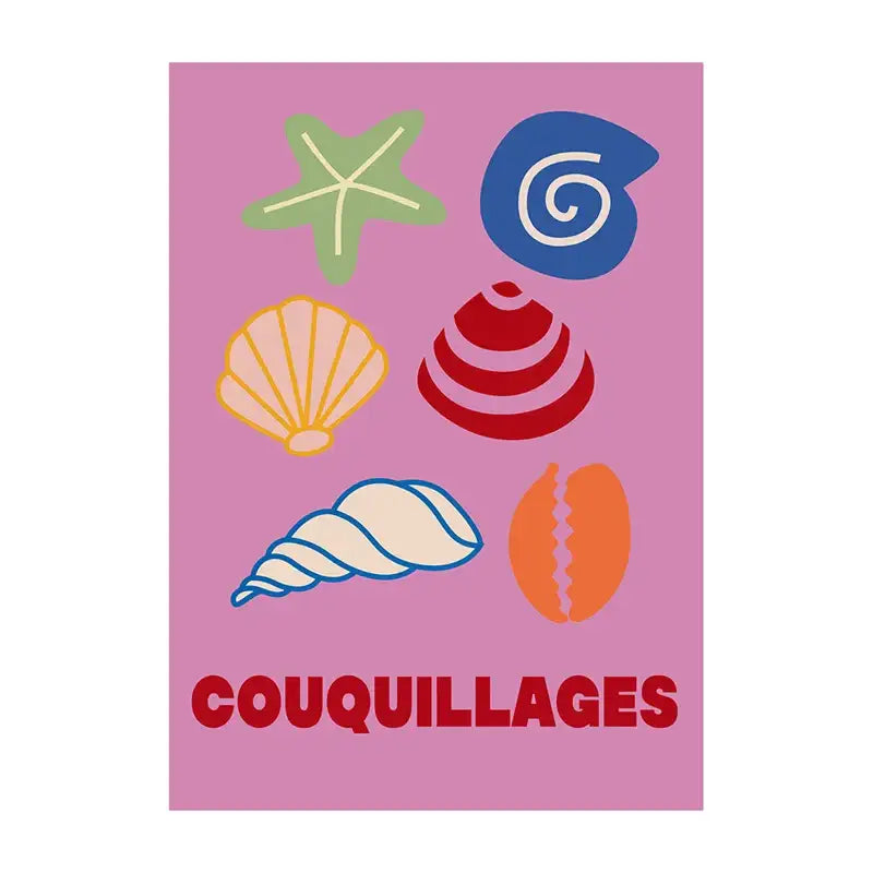 Decorbites summer vibe beach canvas art print with vibrant pink background and colorful stylized sea shells and starfish