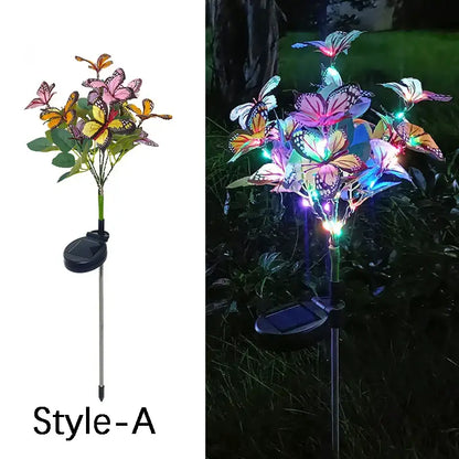 Decorbites™ sunflower solar garden lights featuring colorful translucent butterfly ornaments and green leaves for outdoor solar lawn decor