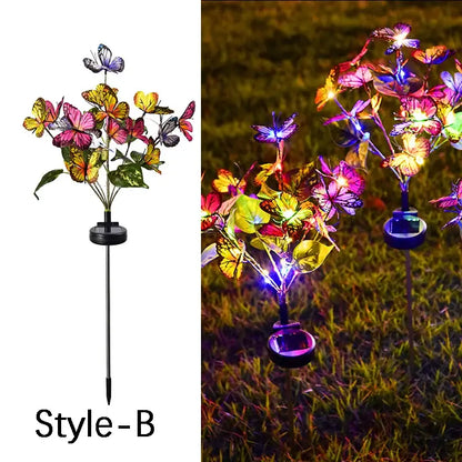 Colorful butterfly-themed sunflower solar garden light with illuminated wings and leaves for solar lawn decor