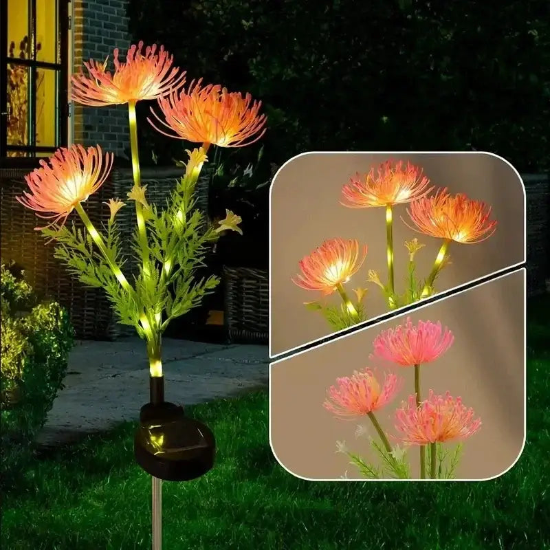 Decorbites™ sunflower solar garden lights with three glowing orange chrysanthemum flowers for outdoor solar lawn decor