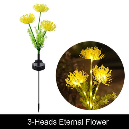 Yellow solar-powered DecorBites sunflower solar garden lights with three illuminated heads and green plastic stems for outdoor decor