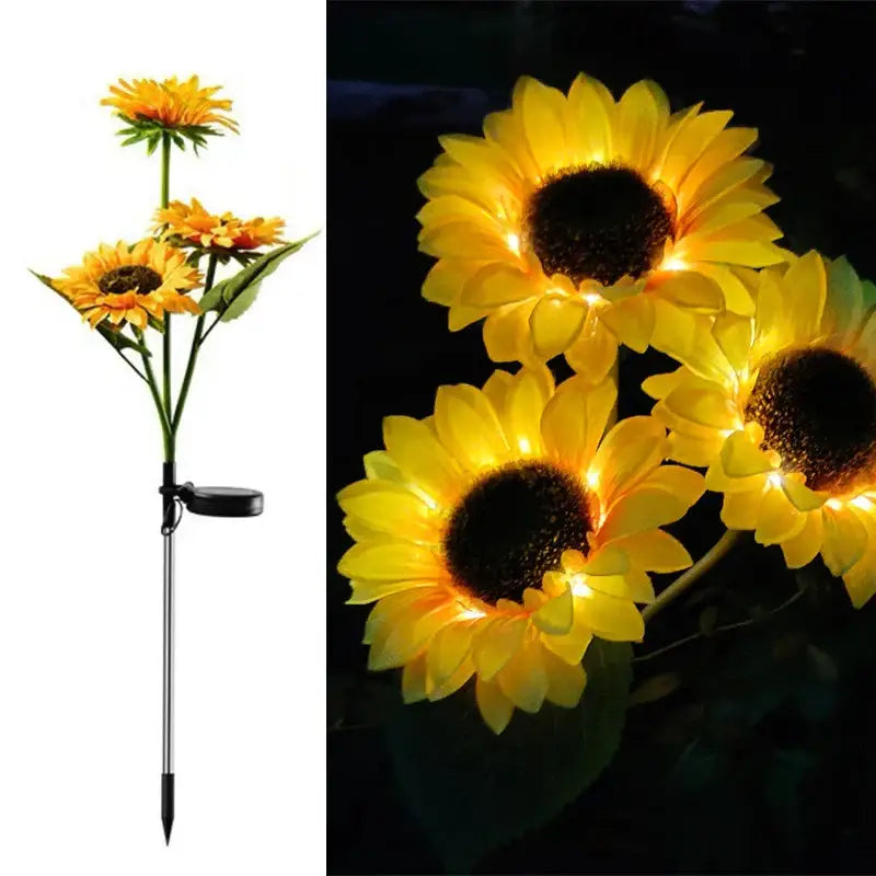 DecorBites™ sunflower solar garden lights with yellow petals, black centers, green stems, and metal stakes for solar lawn use