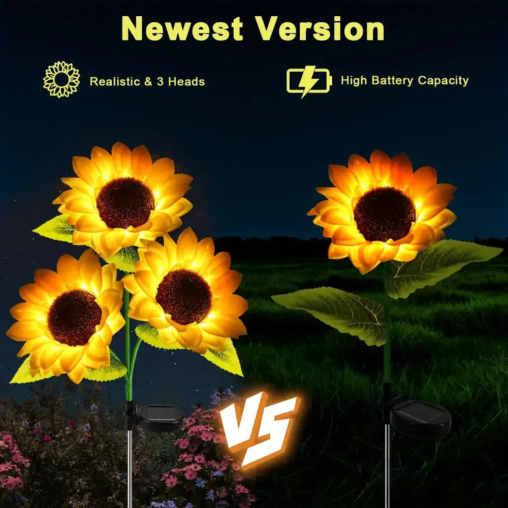 Three-head DecorBites sunflower solar LED garden light with glowing yellow petals and auto brightness on green stakes