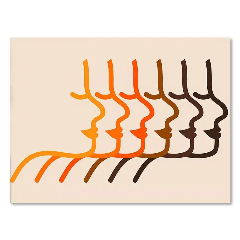 Decorbites™ sunset rainbow flower prints canvas featuring stylized orange to dark brown faces on cream background