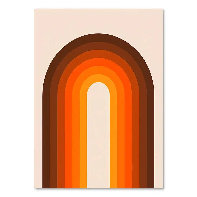 Decorbites sunset rainbow flower canvas art print with minimalist concentric arched bands in warm brown orange and cream tones