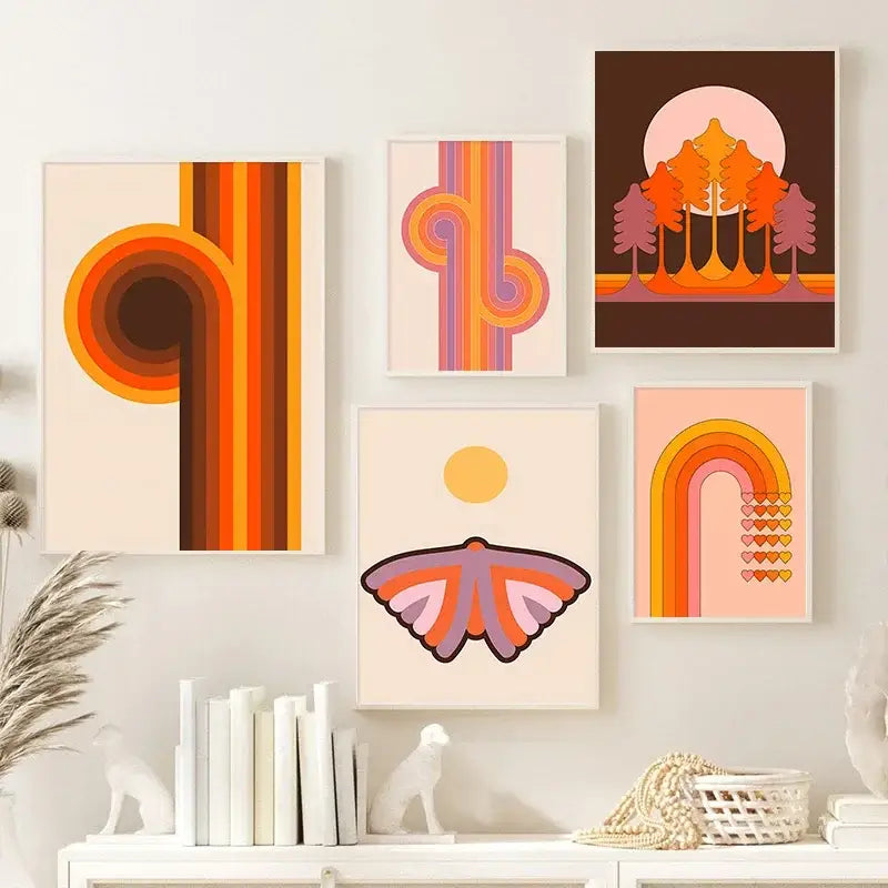 Set of five DecorBites™ sunset rainbow flower prints canvas art featuring bold orange pink and purple geometric patterns