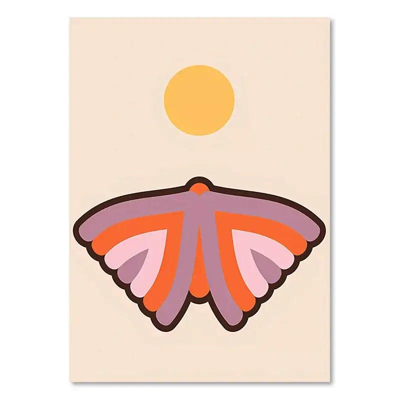 Decorbites™ sunset rainbow flower canvas art print featuring a stylized moth with purple and orange wings on beige background