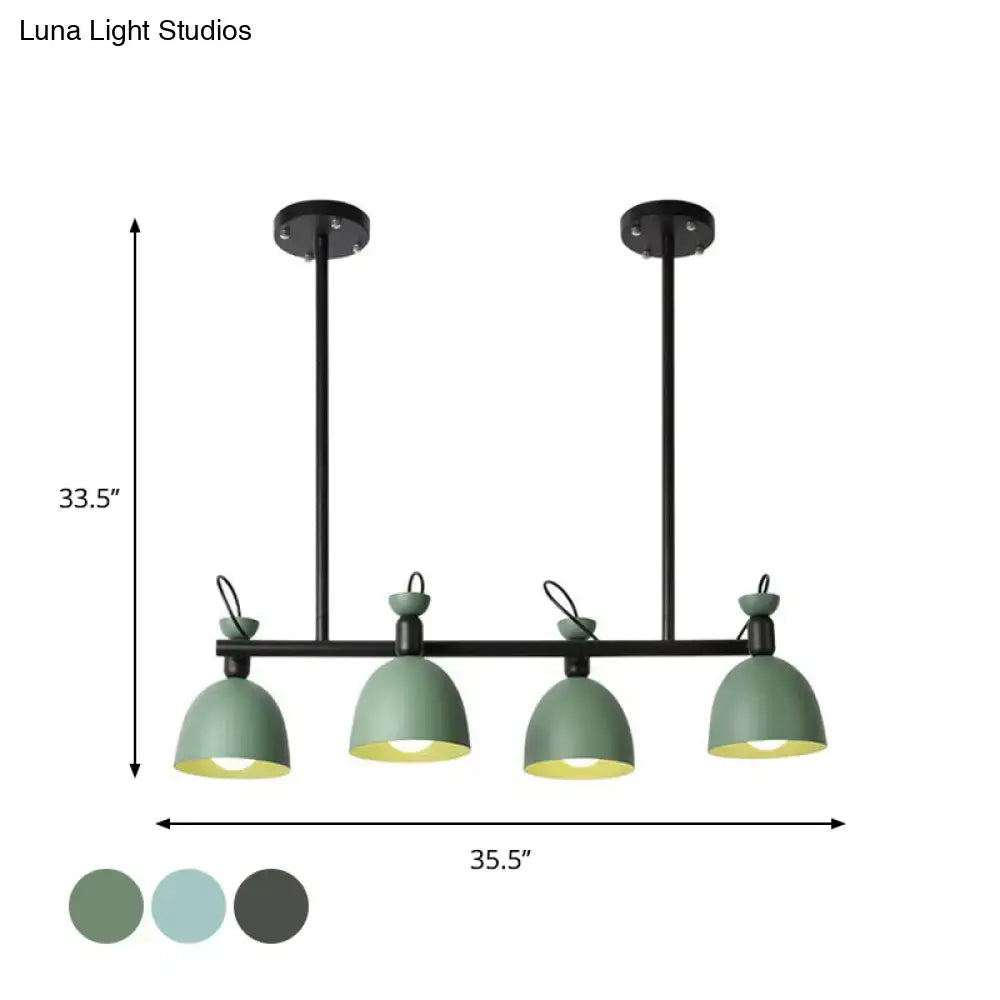 Modern industrial pendant light with four matte sage green dome shades black metal arms compatible with 110v-120v and 220v-240v light type