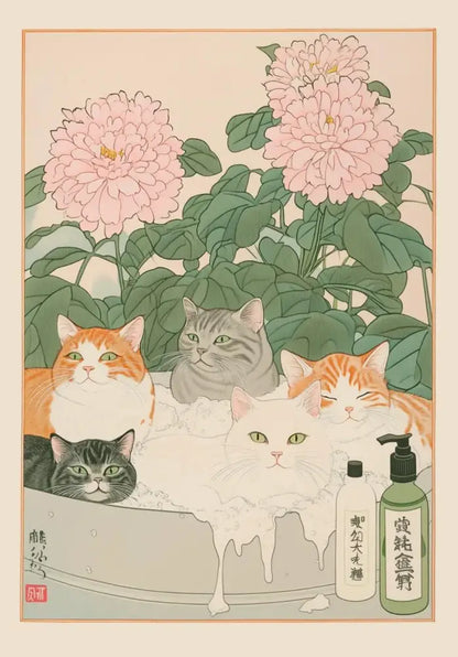A green pump bottle with japanese tabby cat black characters beside a white bottle in soapy bathtub wall art