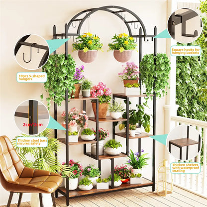 DecorBites™ tall 5-tier black metal and wood plant stand with hanging hooks and curved top arch plant holder