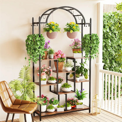 Decorbites™ tall 5-tier black metal and wood plant stand with hanging hooks and multiple shelves for plant holder use
