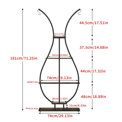 DecorBites™ tall black metal plant stand with vase shape and five wooden tiers supported by a central rod