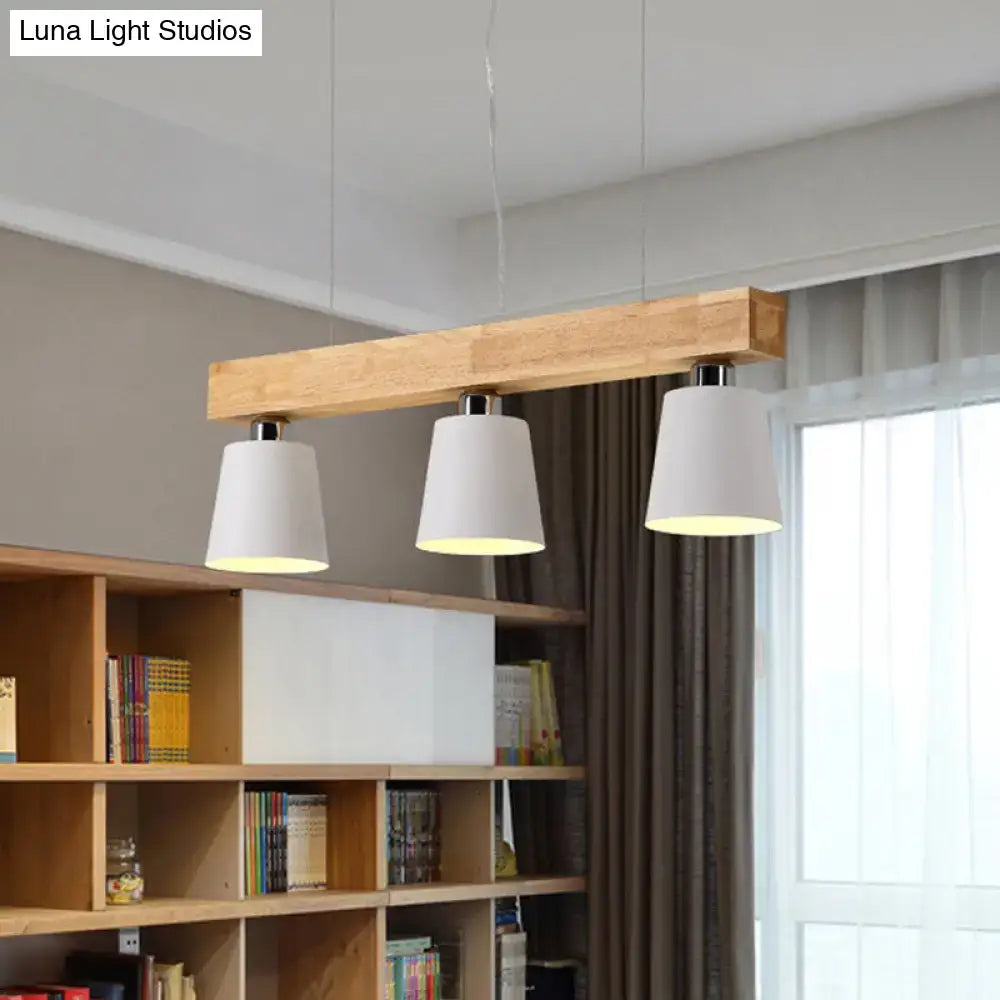 Modern wooden bar pendant light with three white conical shades featuring e26 e27 bulb base for dining room ceiling