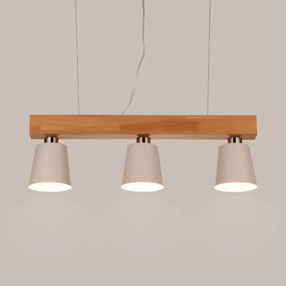 Modern minimalist DecorBites™ pendant lamp with natural wood beam and three white conical shades for dining room e26 e27 bulb base