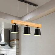 Decorbites™ tapered shade island light with three black conical shades on wooden beam for dining room bulb base e26 e27