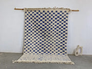 Blue and cream checkered beni ouarain rug by DecorBites with fringed edges 260 x 170 cm