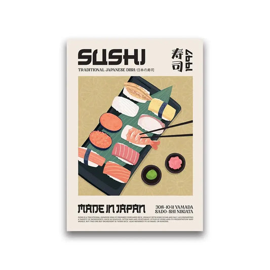 Decorbites™ tasty world cuisine canvas painting of minimalist sushi home decor featuring nigiri maki and garnishes