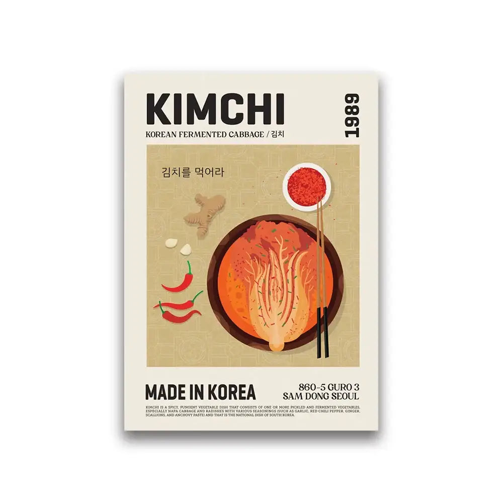 A beige canvas painting of kimchi with chili peppers garlic and ginger for tasteful world cuisine home decor