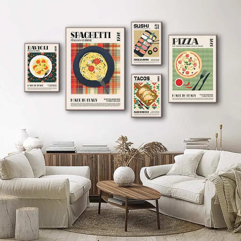 Set of five vintage-style food-themed canvas paintings featuring world cuisine for stylish home decor