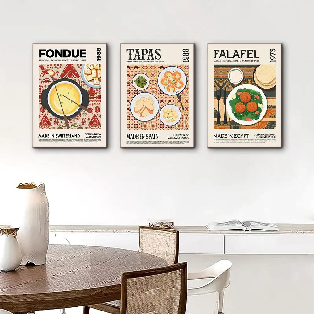 Three framed vintage-style food posters of fondue tapas and falafel on canvas painting for home decor world cuisine
