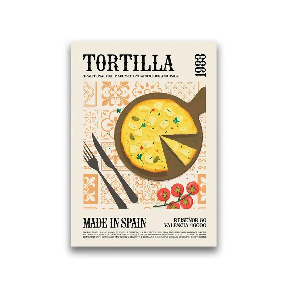 Decorbites™ tasty world cuisine canvas print featuring vibrant yellow spanish tortilla in dark skillet for home decor